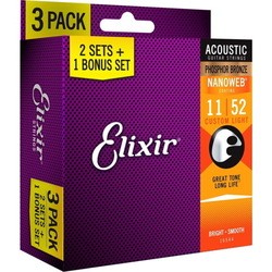 Elixir Acoustic Phosphor Bronze NW Custom Light 11-52 (3-Pack)