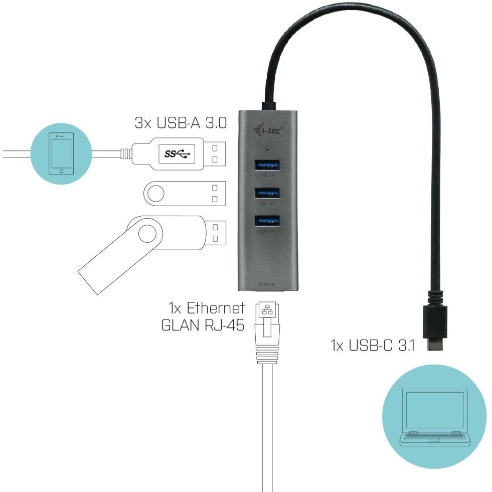 i-Tec USB-C Metal HUB 3 Port + Gigabit Ethernet Adapter
