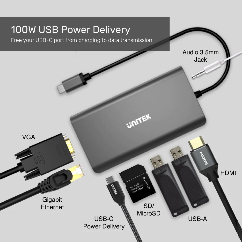 Unitek uHUB O8+ 8-in-1 USB-C Ethernet Hub with Dual Monitor, 100W Power Delivery and Card Reader
