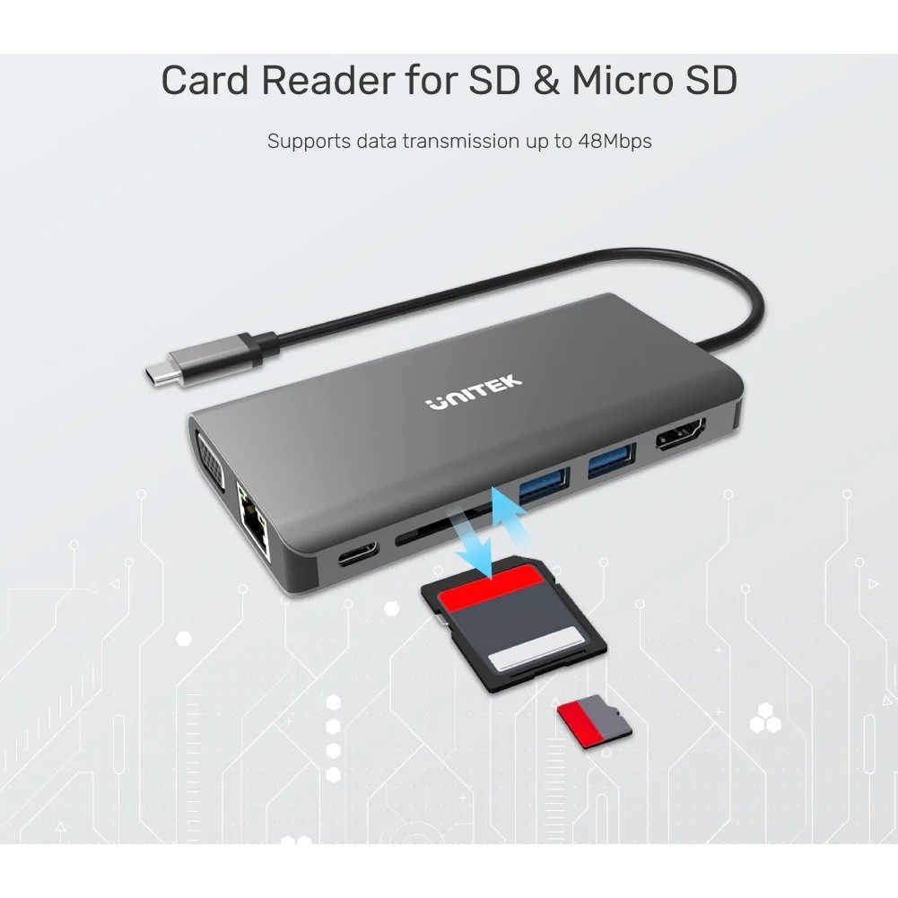 Unitek uHUB O8+ 8-in-1 USB-C Ethernet Hub with Dual Monitor, 100W Power Delivery and Card Reader