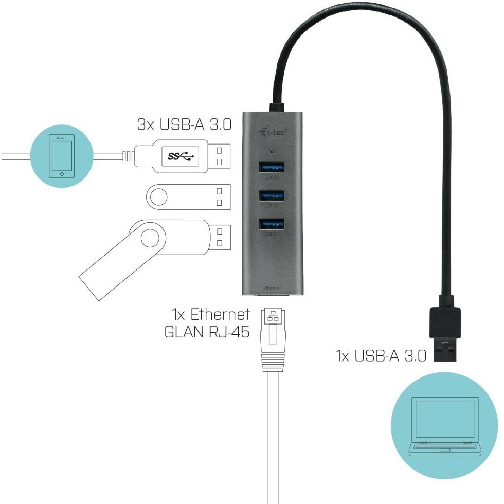 i-Tec USB 3.0 Metal HUB 3 Port + Gigabit Ethernet Adapter