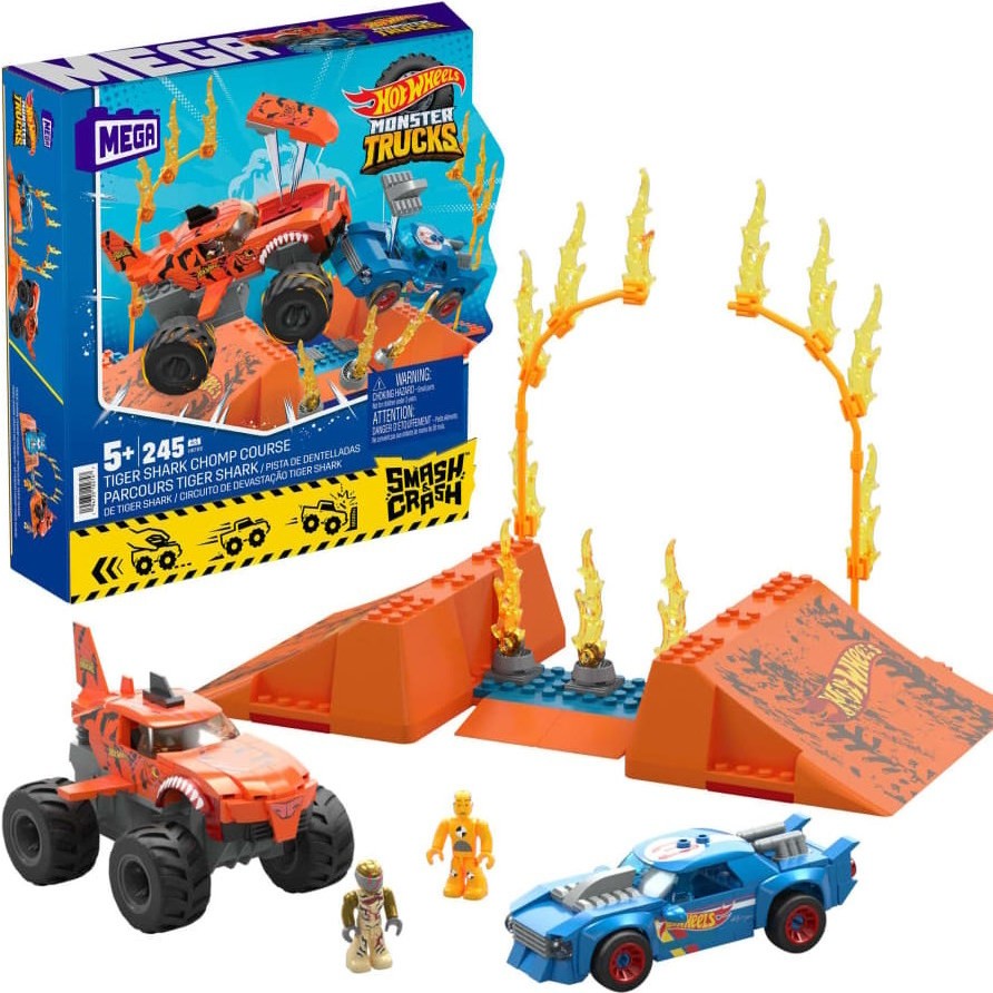 MEGA Bloks Hot Wheels Smash n Crash Tiger Shark Chomp Coursmonster Truck Building Set HKF88