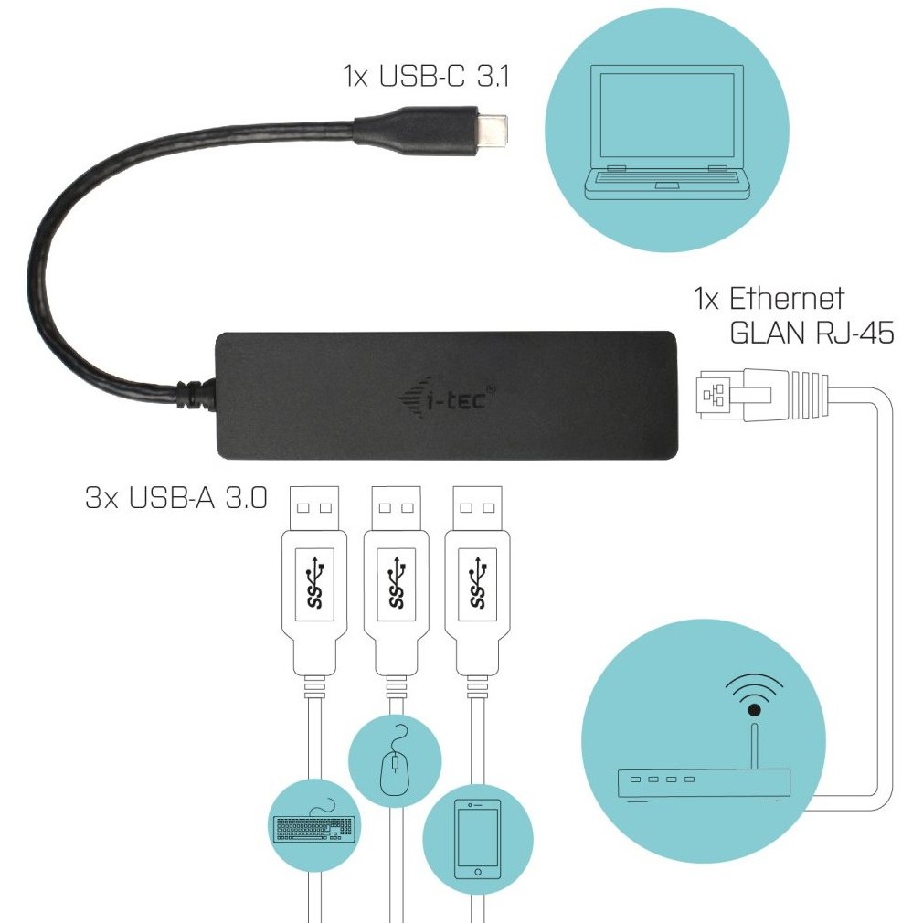 i-Tec USB-C Slim Passive HUB 3 Port + Gigabit Ethernet Adapter