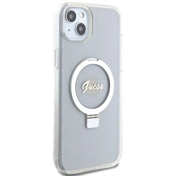GUESS Ring Stand Script Glitter MagSafe for iPhone 15 Plus