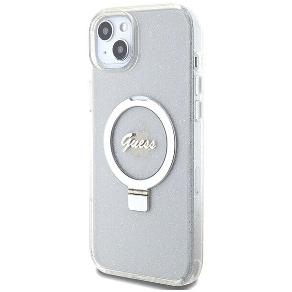 GUESS Ring Stand Script Glitter MagSafe for iPhone 15 Plus