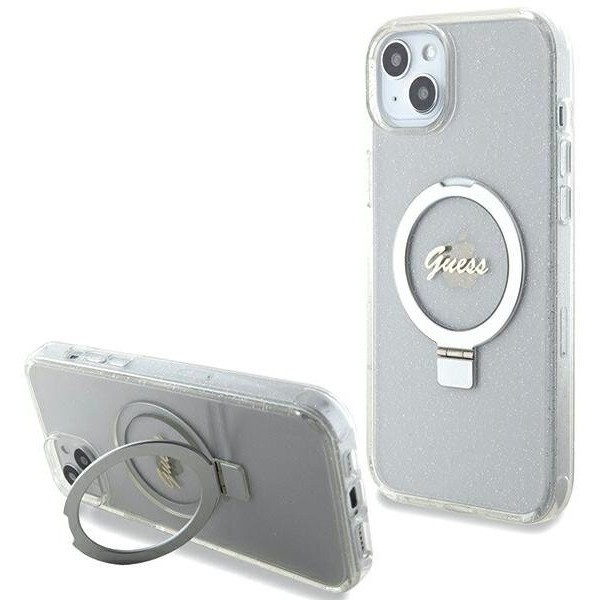 GUESS Ring Stand Script Glitter MagSafe for iPhone 15 Plus