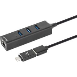MANHATTAN 3-Port USB 3.0 Type-C\/A Combo Hub with Gigabit Ethernet Network Adapter