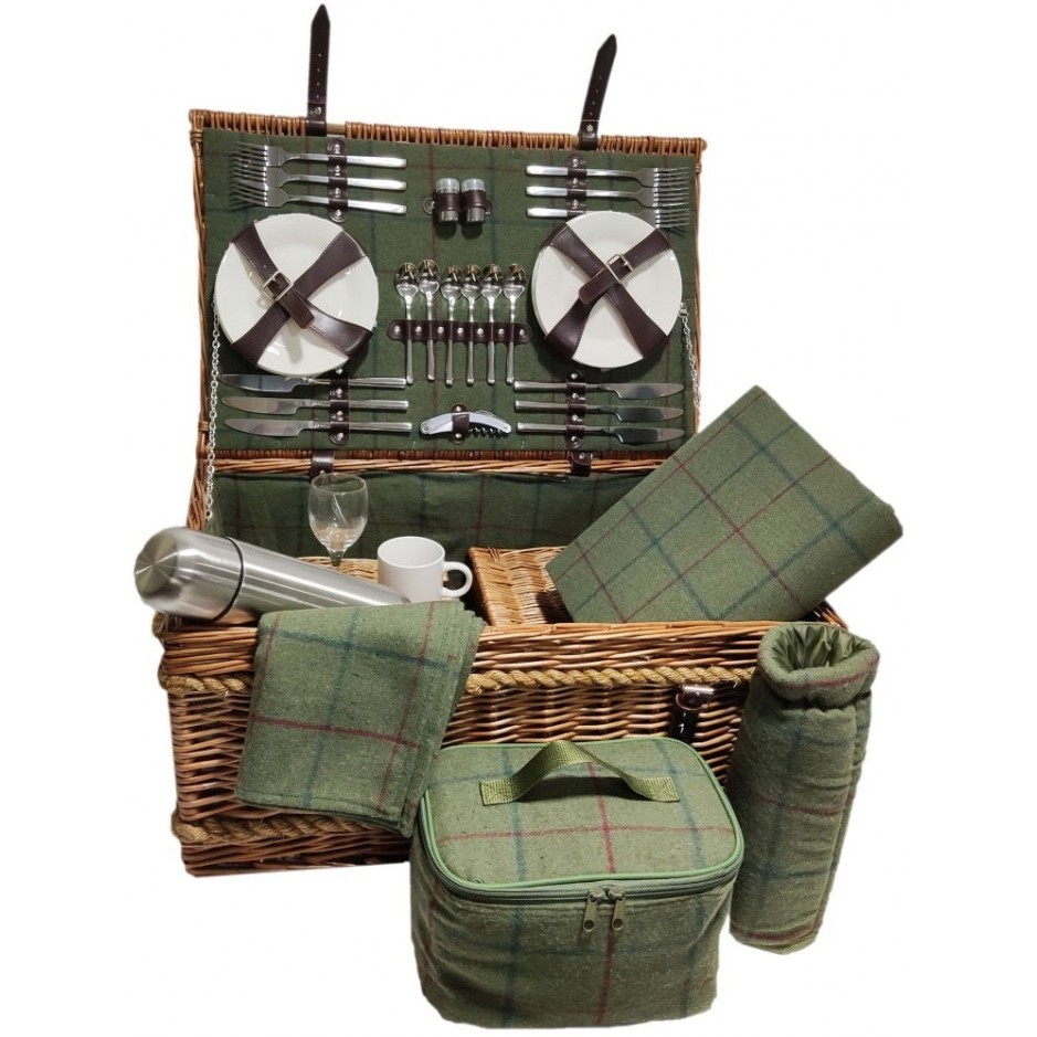 Red Hamper Rope Handled Green Tweed 6 Person Fitted Picnic Basket