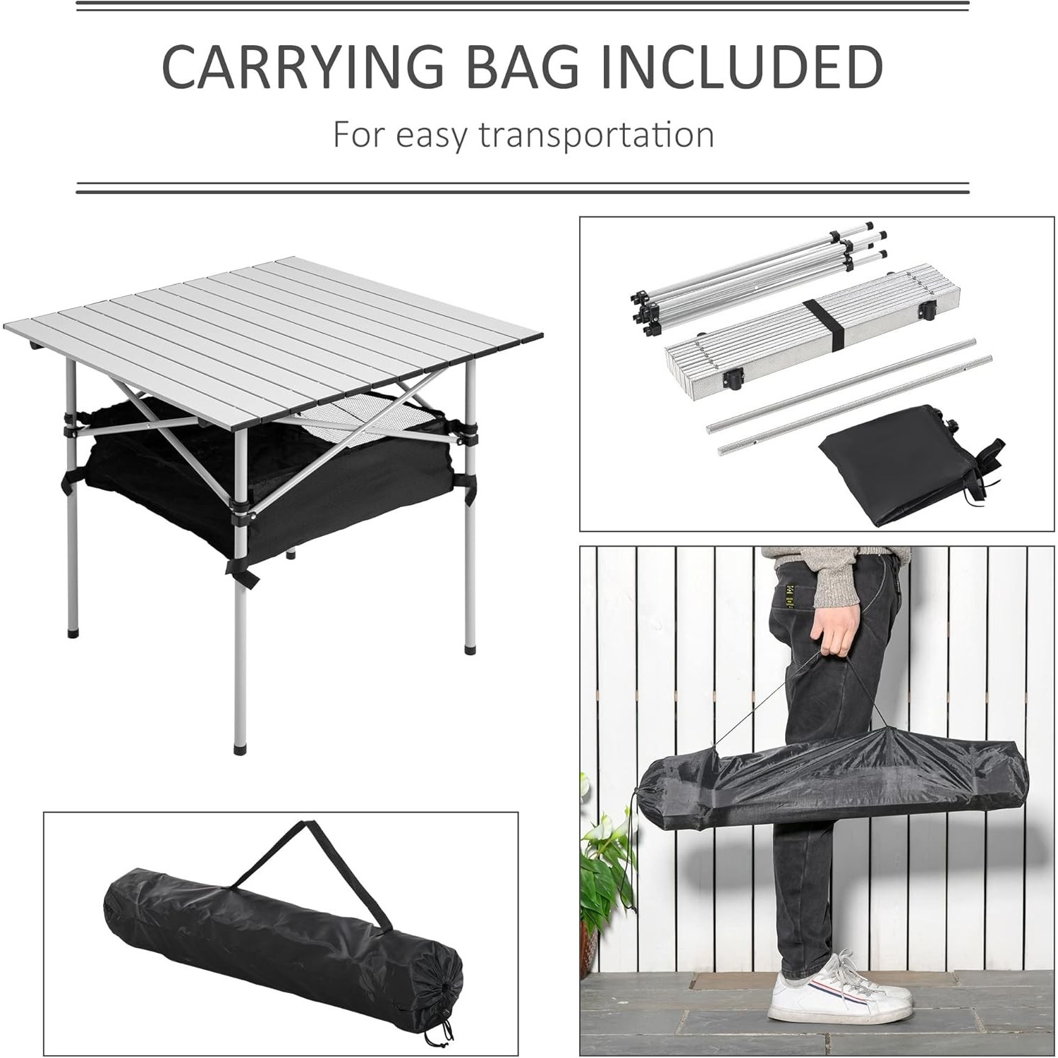 Outsunny Portable Camping Table w\/ Mesh Bag & Steel Frame Hiking Furniture Desk