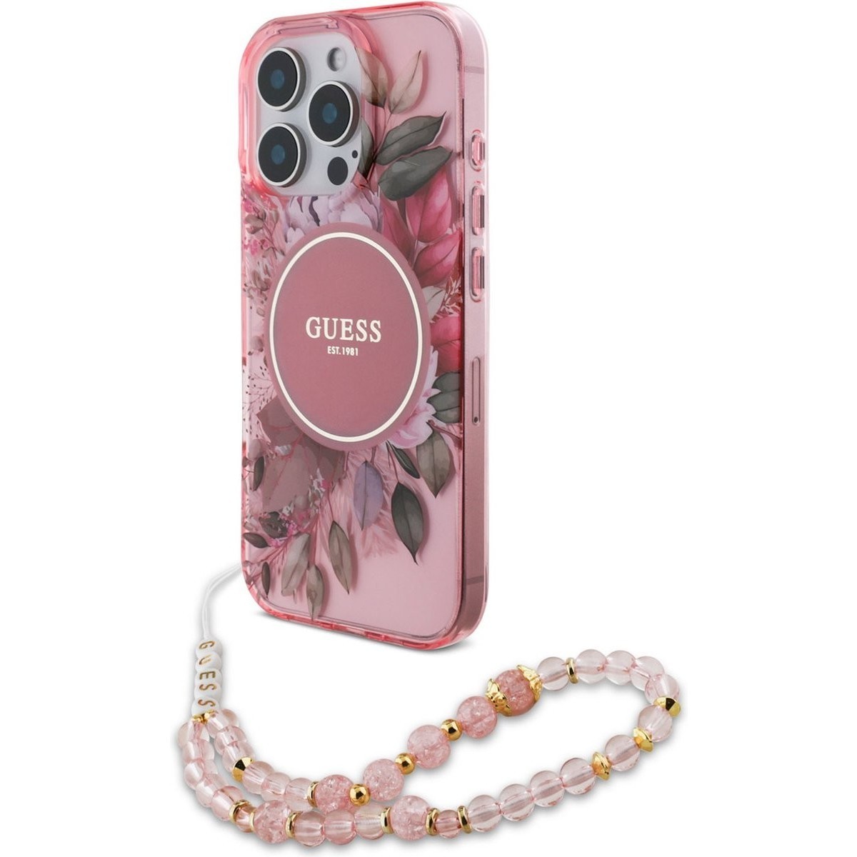 GUESS IML Flowers with Pearl Strap MagSafe for iPhone 16 Pro Max