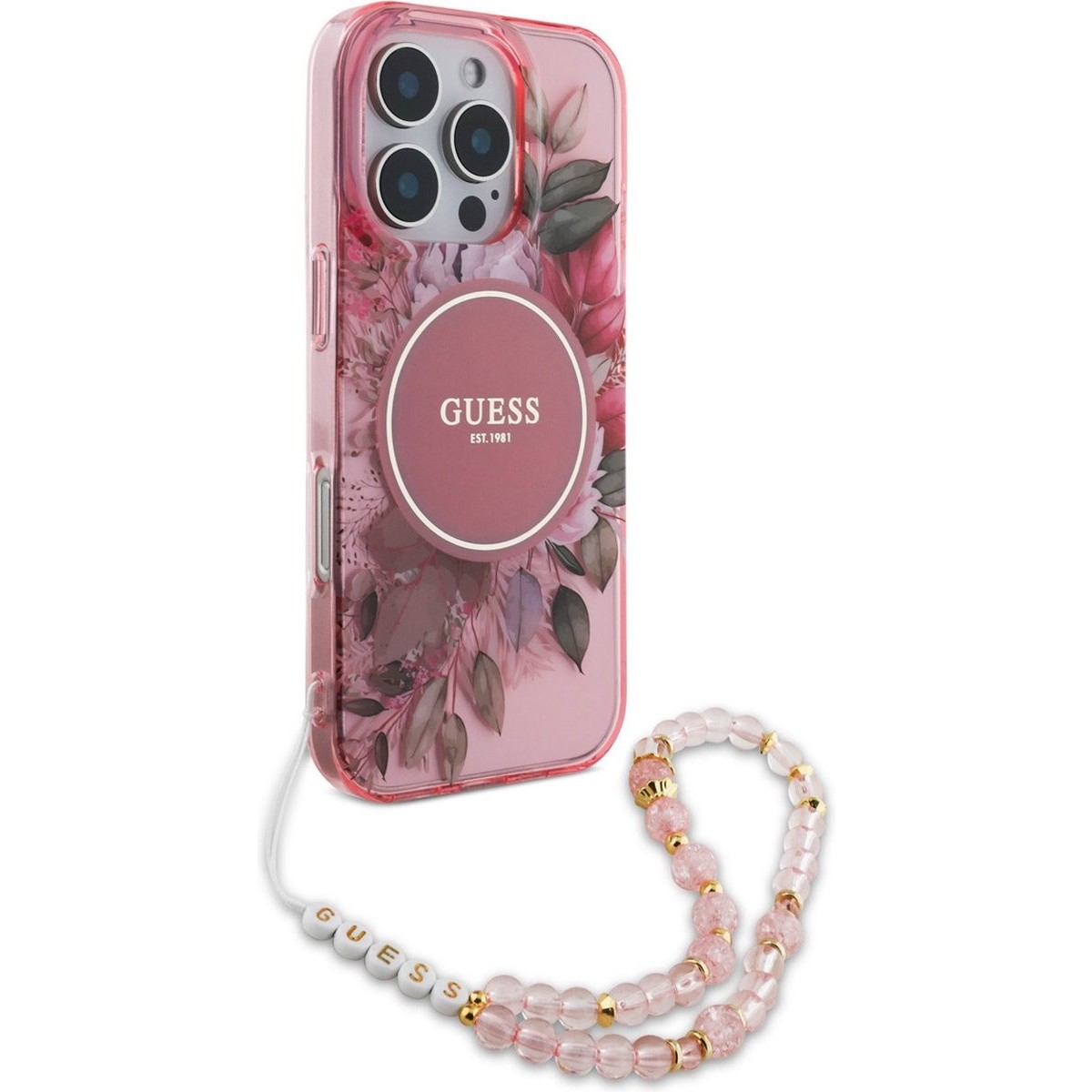 GUESS IML Flowers with Pearl Strap MagSafe for iPhone 16 Pro Max