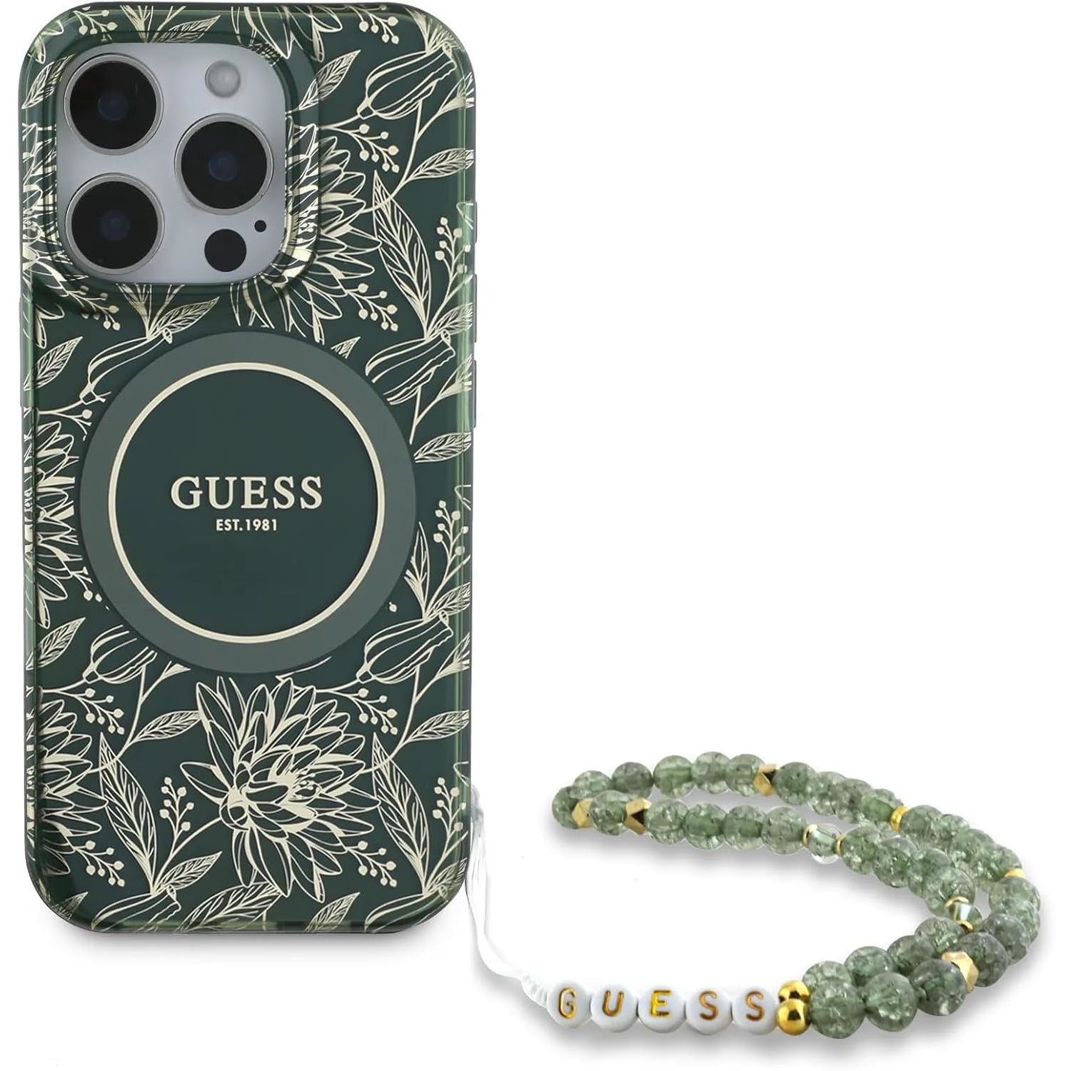 GUESS IML Flowers Allover Electro with Pearl Strap for iPhone 16 Pro