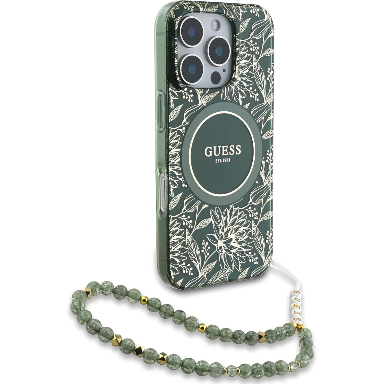 GUESS IML Flowers Allover Electro with Pearl Strap for iPhone 16 Pro
