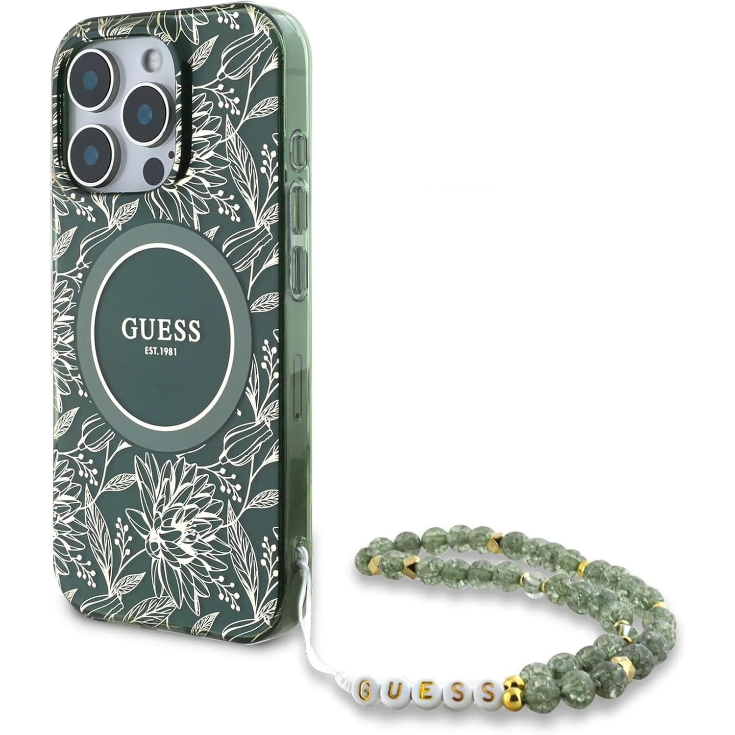 GUESS IML Flowers Allover Electro with Pearl Strap for iPhone 16 Pro