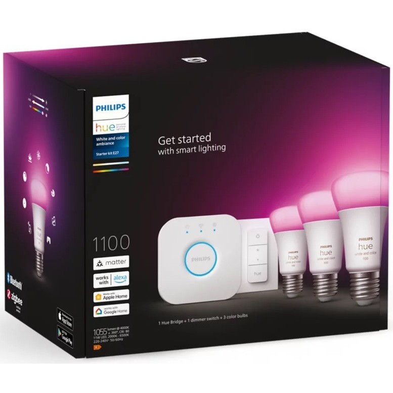 Philips Hue White and Colour 11W E27 3 pcs + Bridge + dimmer switch