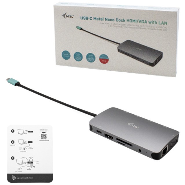 i-Tec USB-C Metal Nano Dock HDMI/VGA with LAN + Charger 100W