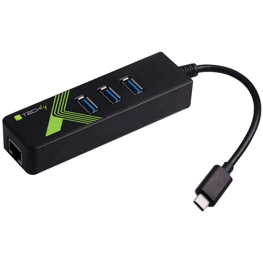 TECHLY USB-C Gigabit Ethernet Converter Adapter with 3-Port USB 3.0 Hub
