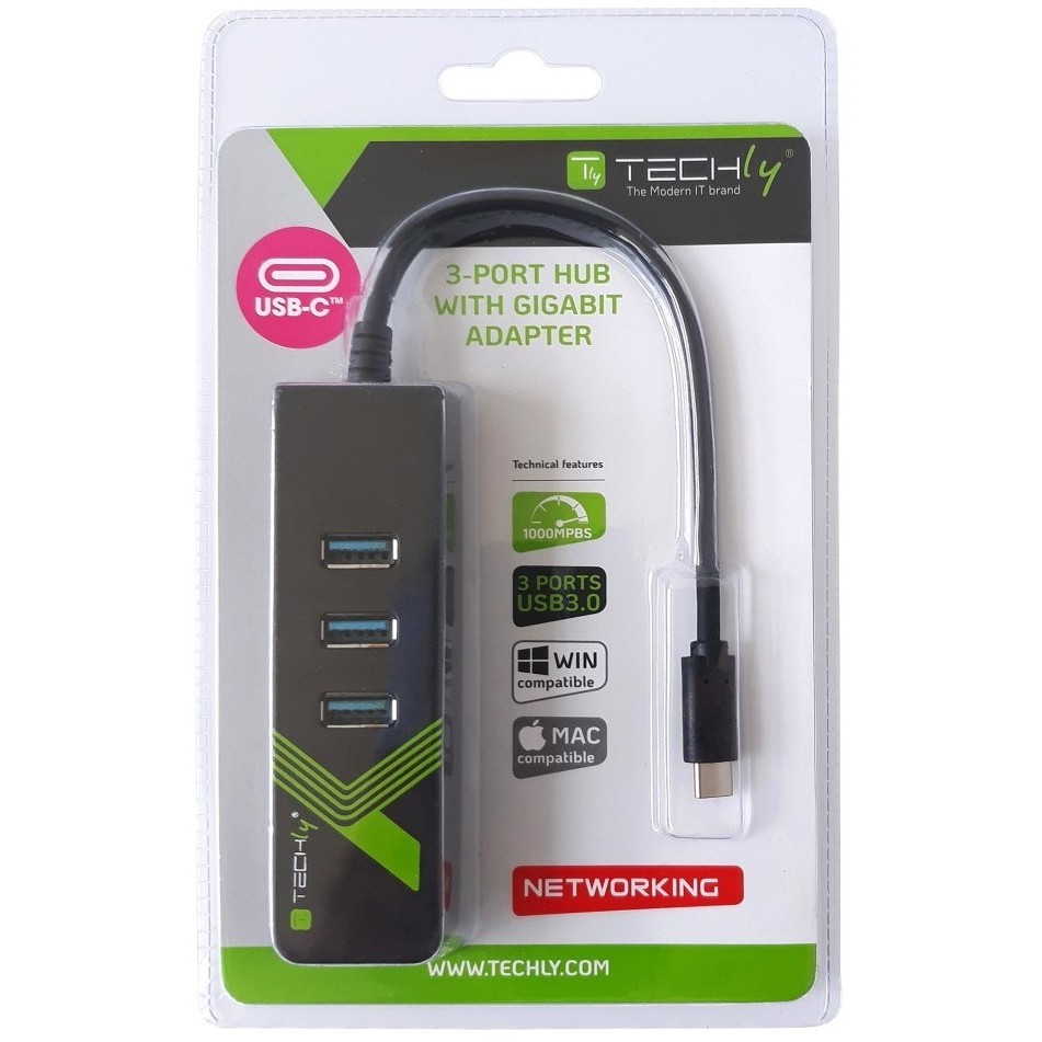 TECHLY USB-C Gigabit Ethernet Converter Adapter with 3-Port USB 3.0 Hub