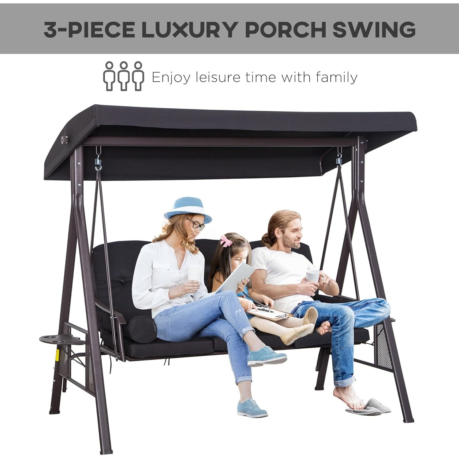 Outsunny 3 Seater Garden Swing Chair Patio Swing Bench w/ Cup Trays